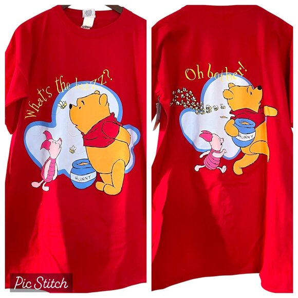 Vintage 90s Winnie the Pooh Sleep T Shirt One Size Red Pooh Piglet Nightgown NEW - Picture 1 of 7